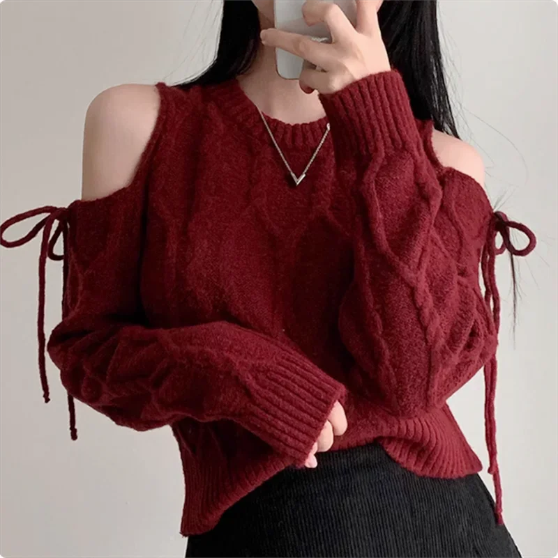 New Autumn and Winter Women's Clothing Off-the-shoulder Women's Long-sleeved Sweater Fashion Straps Elegant Slim Casual Knitwear