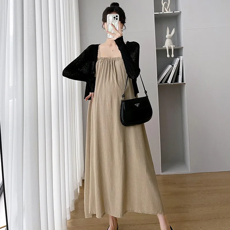 Spring Summer Maternity Long Sling Dress 2pcs Knitted Cardigan Sets French Style Elegant Straight Loose Dress For Pregnancy