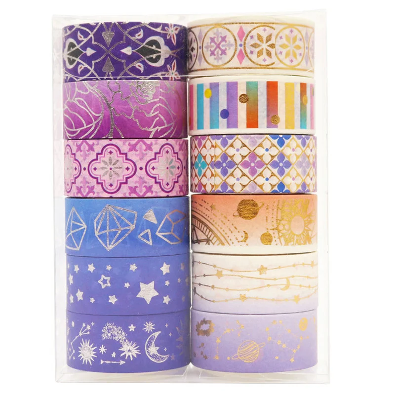 12 Rolls/set Purple Star Gold Foil Washi Tape Set Constellation Series Laser Masking Tapes for Scrapbooking DIY Stationary Set