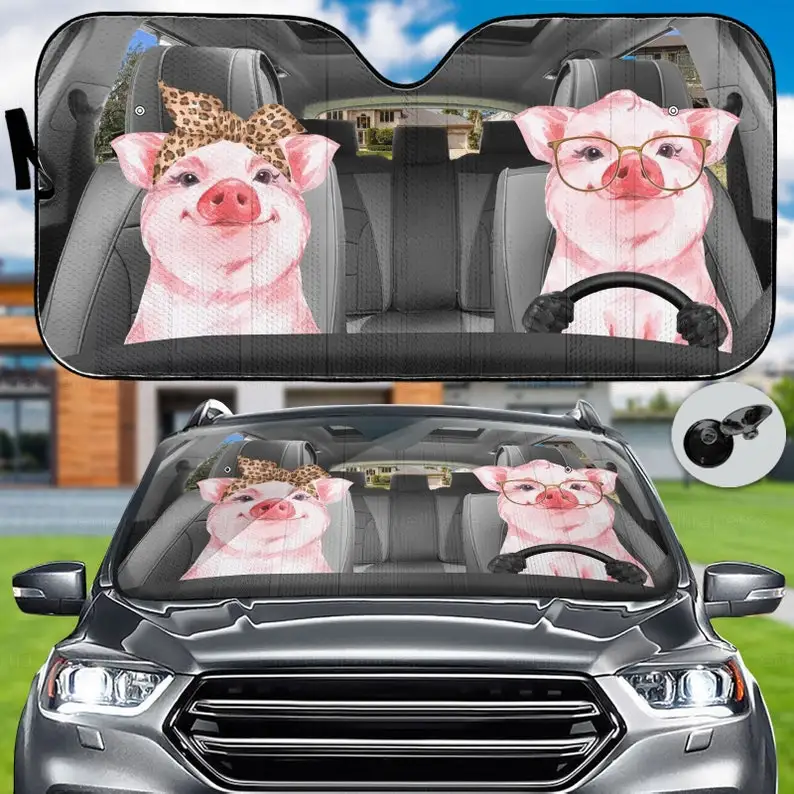 

Couple Pig Car Sun Shade, Pig Auto Protector Window, Funny Pig Car Decoration, Pig Farm Auto SunShade, Car Shades For Windshield