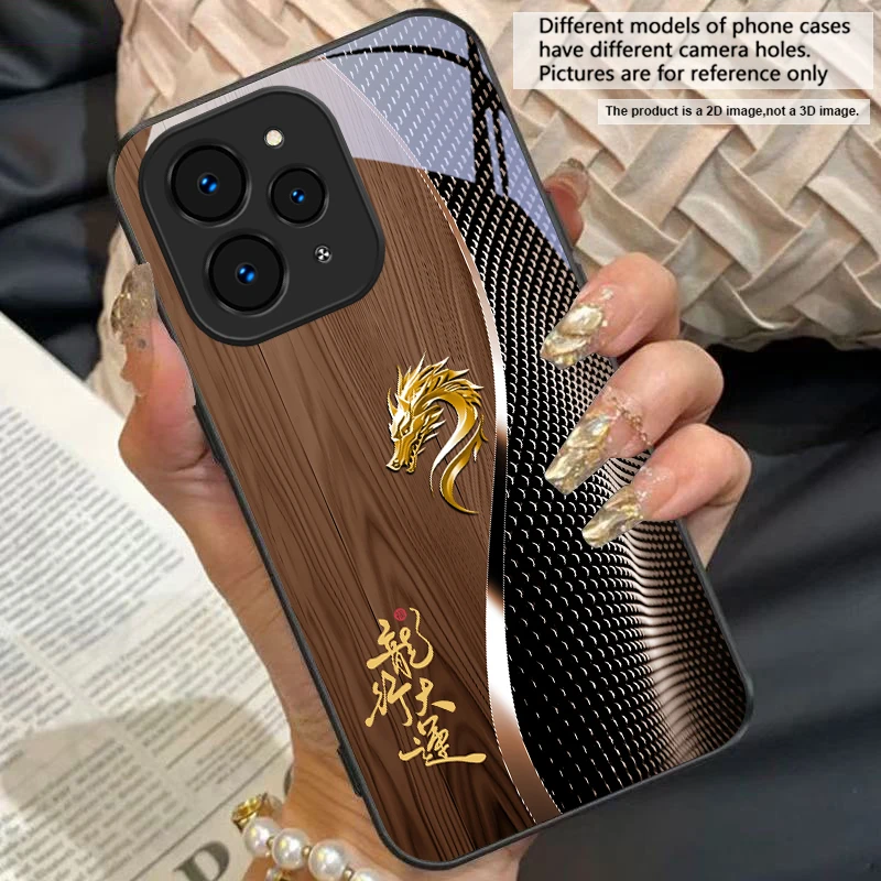 Elegant Black Tempered Glass Phone Case with Traditional Dragon Totem Design