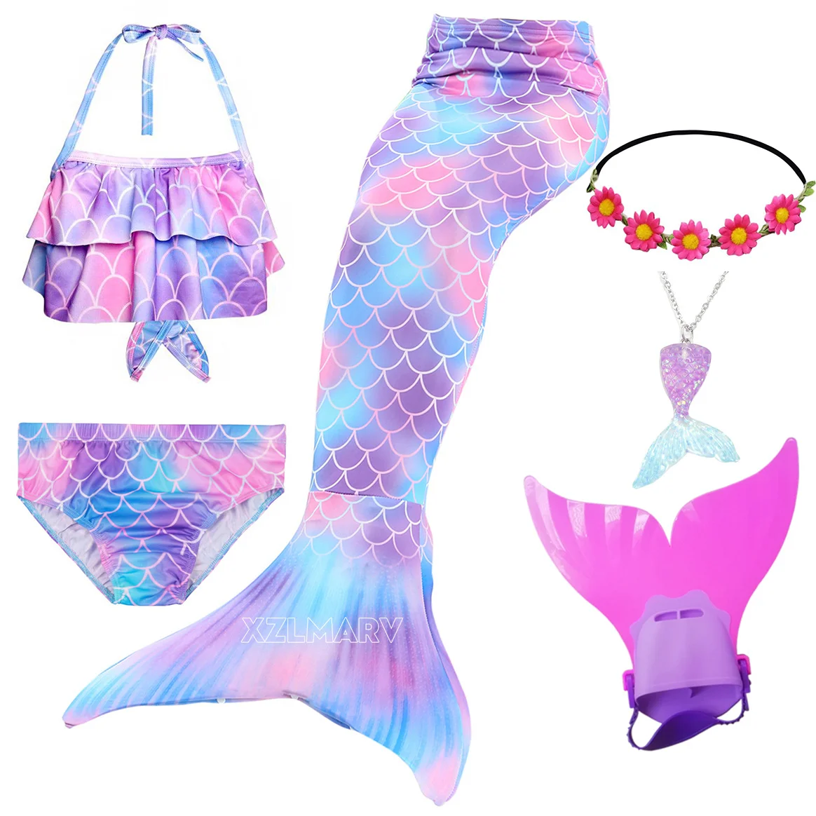 6Pcs/set Kids Girls Swimming Mermaid tail Monofin Fin Mermaid Costume Cosplay Children Christmas Gift Fantasy Swimsuit