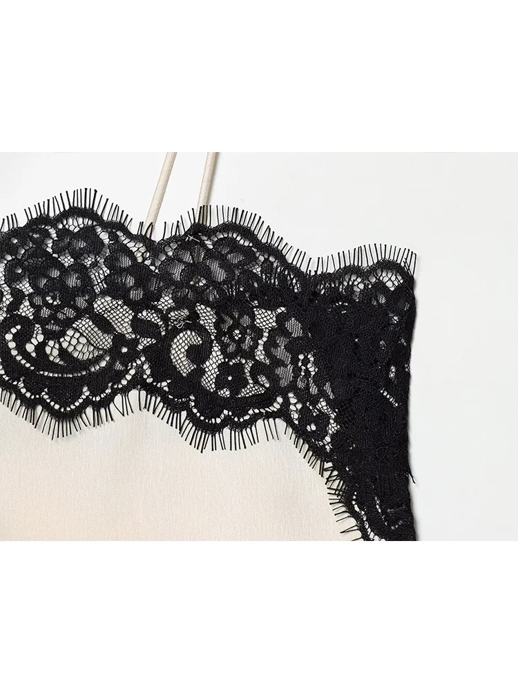 Vintage Women Sexy Lace Satin Camisole Fashion Lace Patchwork Sleeveless Backless Beach Chic Tops Summer New Loose Sling Tops