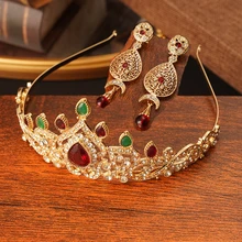 Tiara nupcial de oro de lujo con forma de corona marroquí, regalo nupcial árabe, gota de agua, Tiara nupcial con diamantes de imitación verde y rojo