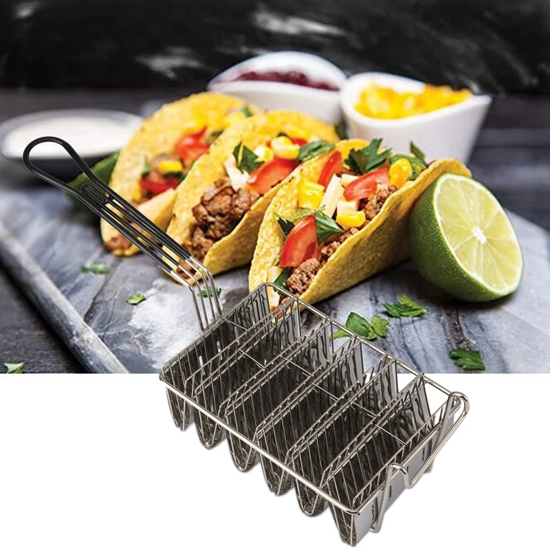 Taco Fryer Basket, Taco Shell Fryer, Holds 6 Shells Deep Fryer Holders Basket With Grip Handle Holder Stand