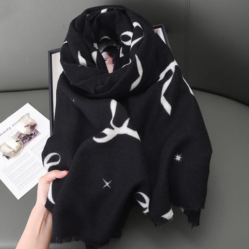Korean Style Bow Imitation Cashmere Double-sided Scarf for Women Winter Large High-end Shawl Office Fashion Outerwear