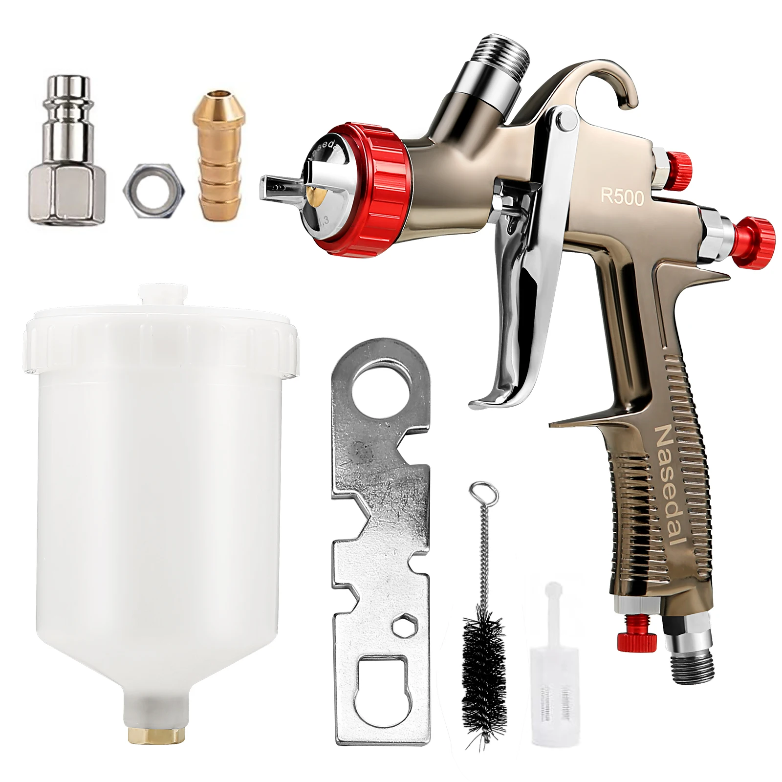 LVLP - Pistola A Spruzzo R500 Professionale Con 3 Ugelli (1,3/1,5/1,7 Mm) E Regolatore Di Pressione – Per Vernici Auto, Primer E Base