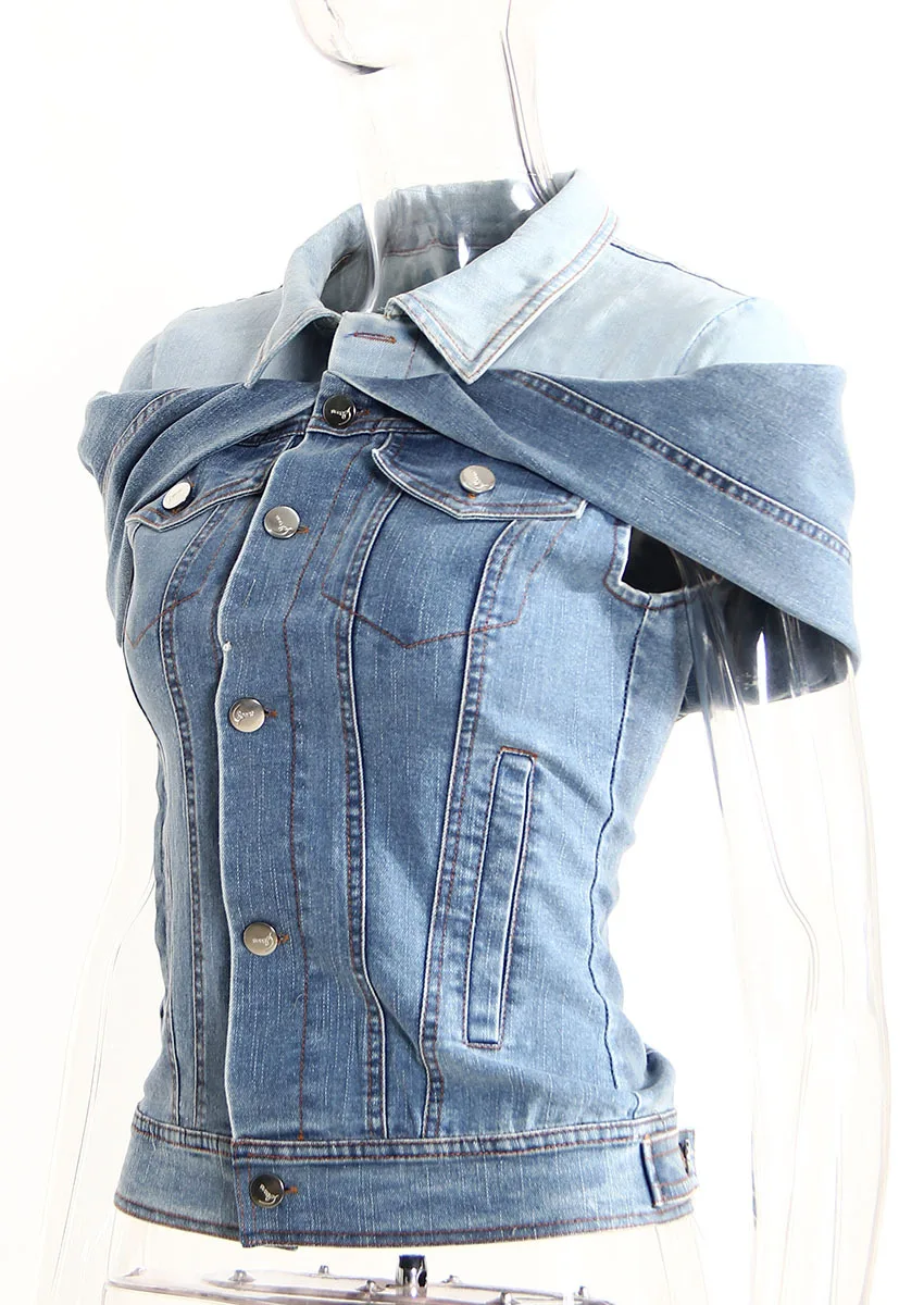 

Sweet Cool Folding Shirt Slim Denim Shirt 2023 Spring/Summer Color Match Off Shoulder Waist Wrapped Denim Shirt Female