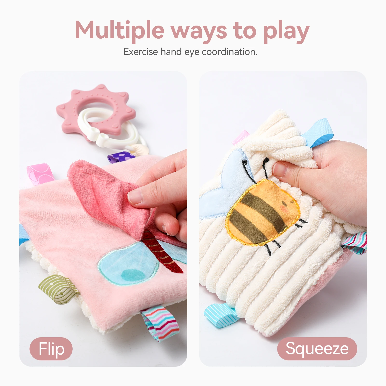 Copertina Sensoriale Baby Bee con Massaggiagengive, Morbida Copertina di Sicurezza in Peluche per Neonati, Giocattolo da Appendere al Passeggino per 0-24 Mesi - immagine 5