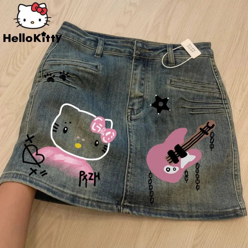 

Sanrio Star Hello Kitty Graffiti Printed Women Denim Skirt American Street Sexy Y2k Spicy Girl Short Skirt Summer A-line Skirts