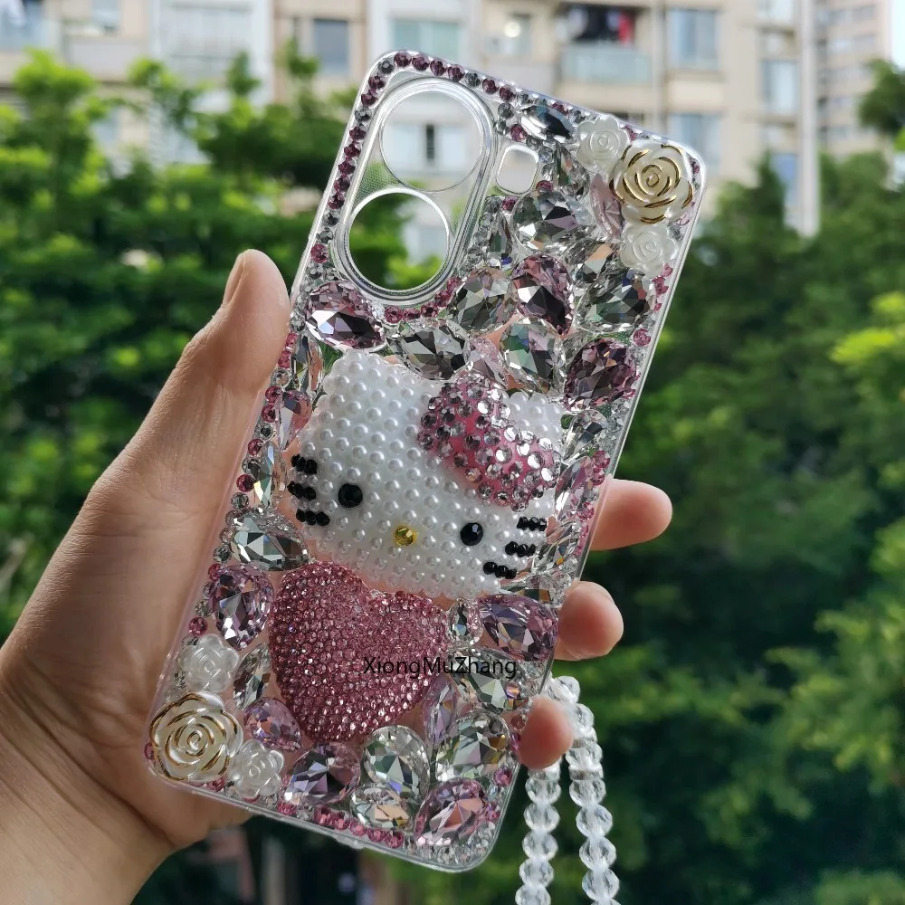 Hello Kitty Diamant-Blumen-Handyhülle für Xiaomi Poco M8 Power M7 Pro M6 M5 F8 F9 Pro F7 F6 F5 X7 X6 X5 X4 X3 mit Handschlaufe