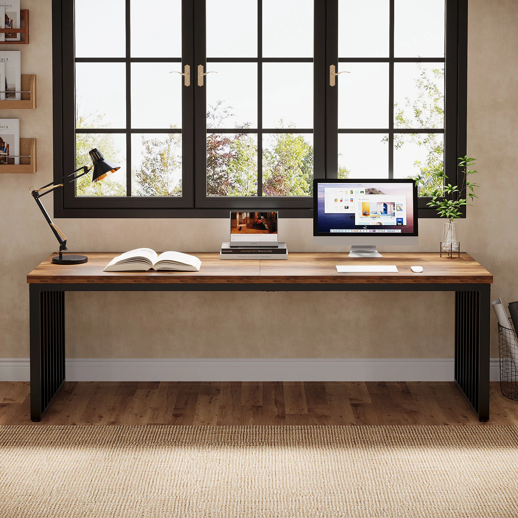 Tribesigns 78''Modern Large Office Desk, 2-Person Computer Workstation, Industrial Wooden Desk with Metal Legs 5
