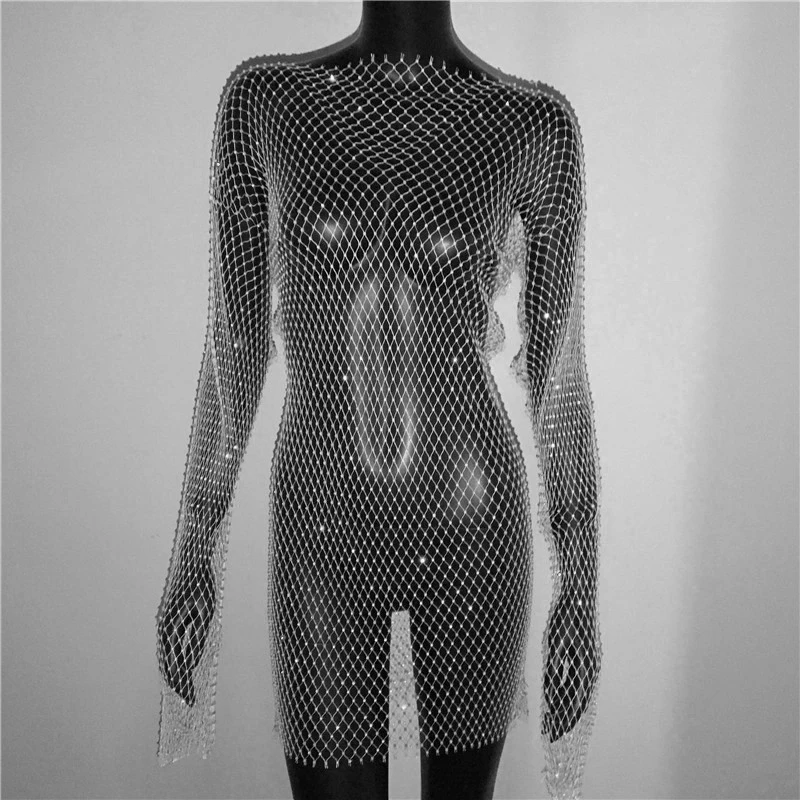 Shiny Rhinestones Grid Fishnet Dress Long Sleeve O-Neck Hollw Out Side Slit Dress Sexy Beach Cover Up Breathable Lady Vestidos
