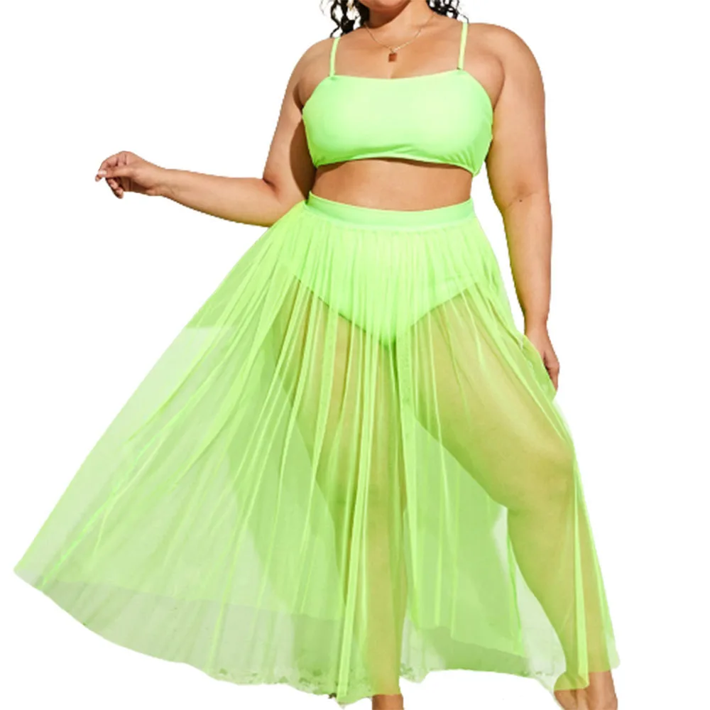 

FS Women Green Plus Size Long Smock Skirt Cover Ups Bikini Set Lady Split Bandeau High Waist Swimsuit Swimwear Three Pieces 2022