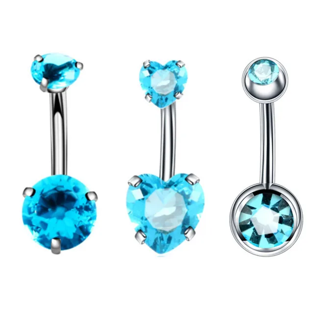 Pink Flower & Blue Crystal Belly Button Ring Set - Heart Navel Barbell Jewelry Collection