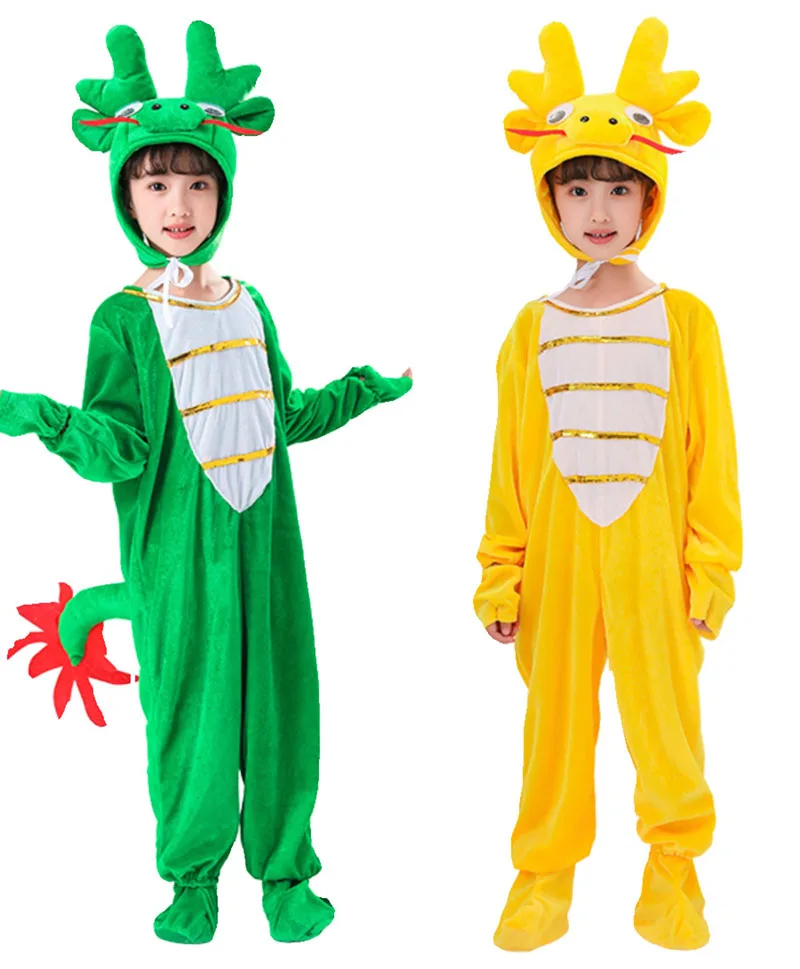 

Halloween Children Role Playing Triangle Green Yellow Dragon Party Costume Carnival Dinosaur Headgear Jumpsuit Girls Dress