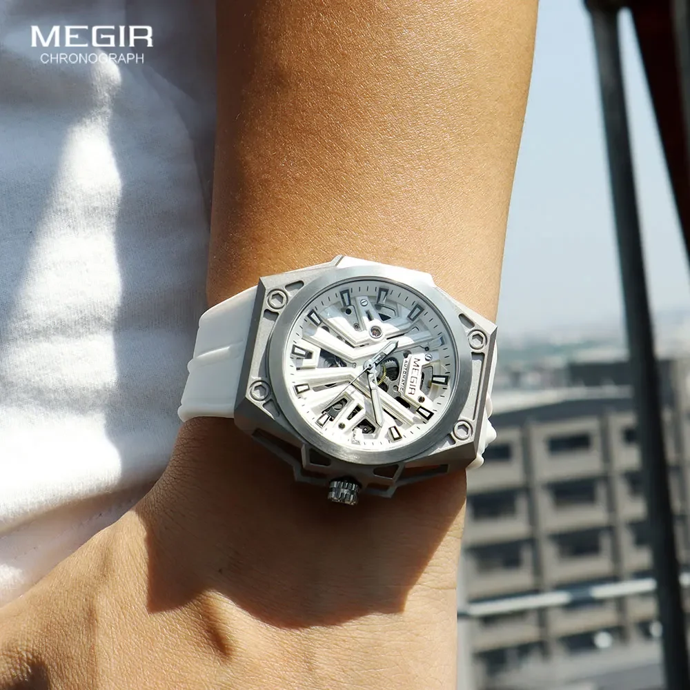 MEGIR Military Sports Automatical Watch Men White Silicone Strap Waterproof Luminous Skeleton Dial Mechanical Wristwatch 8603 mechanical watch