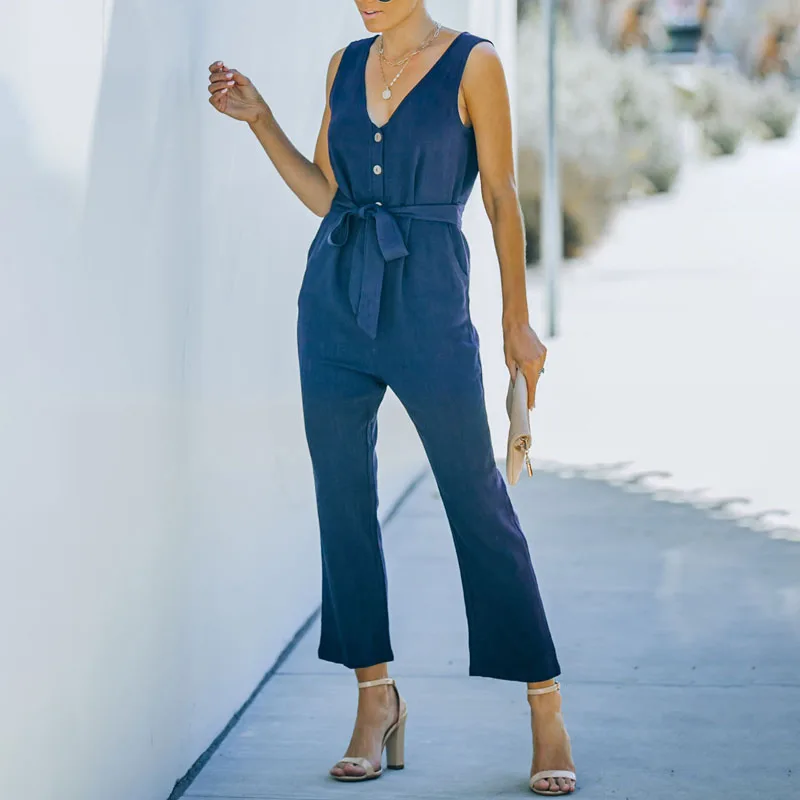 

Женский комбинезон без рукавов, однотонный комбинезон с V-образным вырезом в европейском и американском стиле на лето