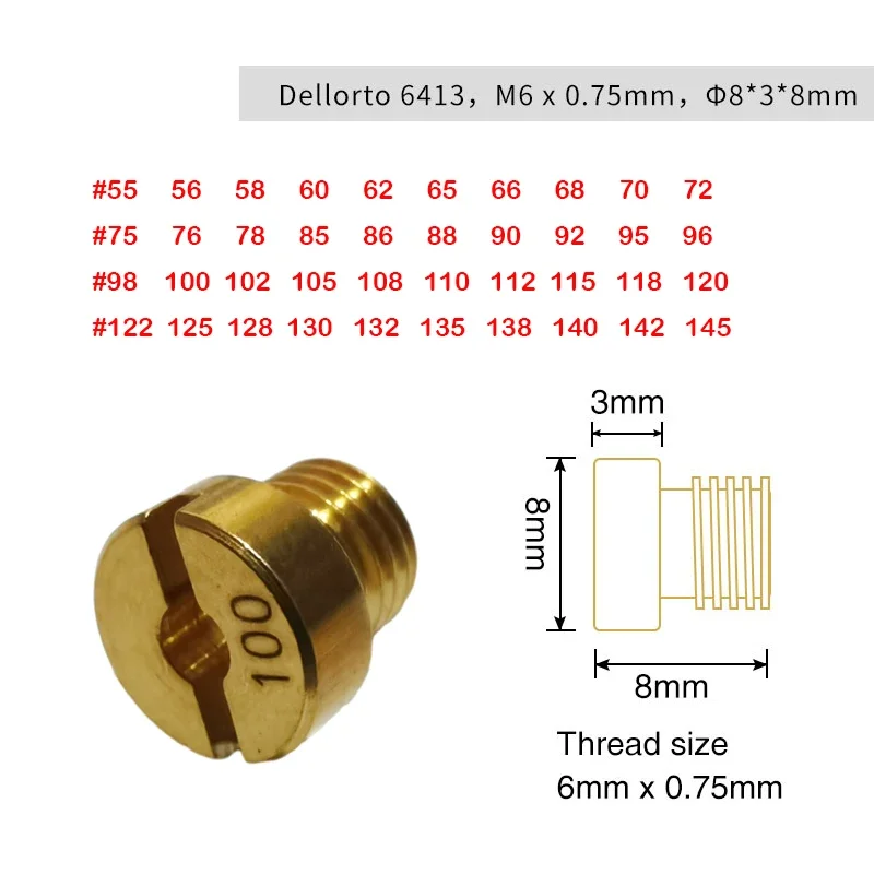 Motorcycle carburetor jets Carburetor main jet for Dellorto PHBH PHBL FRD PHF VHB VHSH injector nozzle size 55-145 kit 10 Pcs set M6 6mm thread