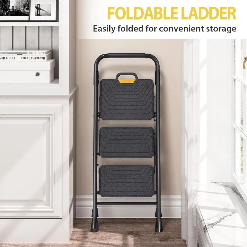 3 Step Ladder, Sturdy Steel Step Stool with Anti-Slip Wide Pedals, Handrail, Safe-Lock Design, Pass 800lbs L 6