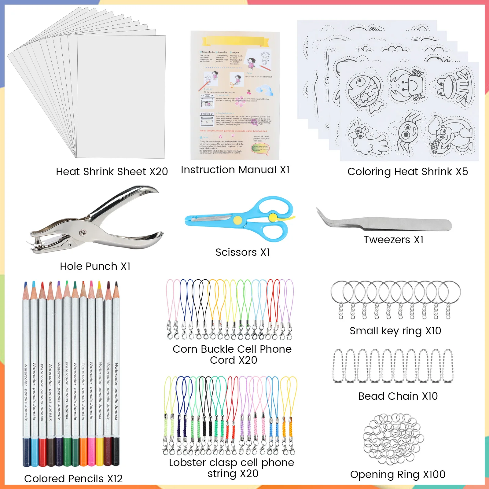 Craft Supplies Heat Shrink Plastic Sheet Shrinkles Film Paper Key Rings Kit DIY Handmade Art Shrinking Keychain 200Pcs for Gift