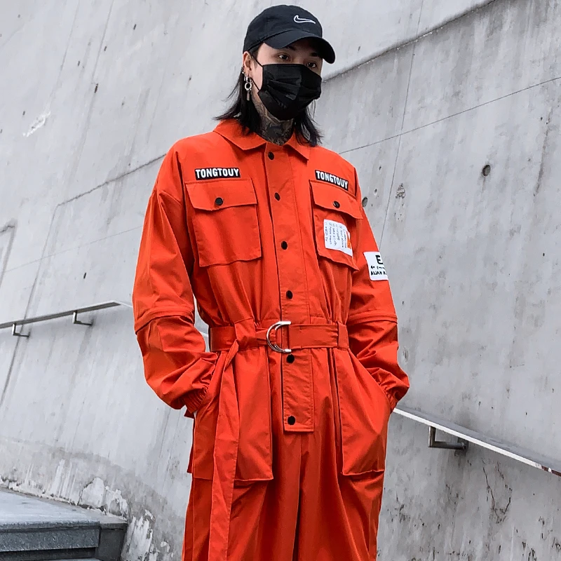 New Function One-piece Overalls Men's Detachable Fried Street Suit Tide Brand Loose Hip-hop Orange Leggings