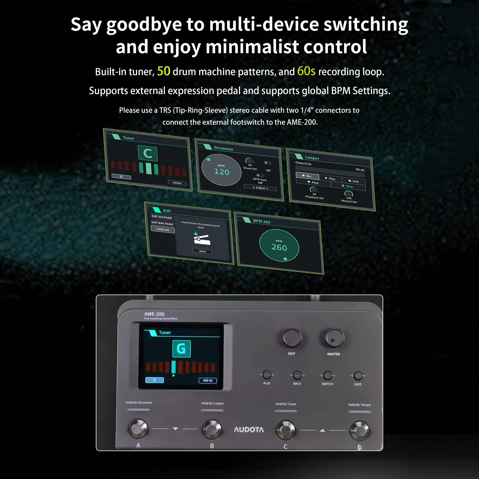 Audota Ame-200 Pro Guitar Processor with Built-In Tuner, 50 Drums