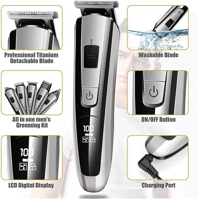 Kemei Hair Trimmer Electric Hair Clipper Beauty Kit Multifunction Shaver Beard Trimmer Cordless Cutting Machine LCD Display 5 3