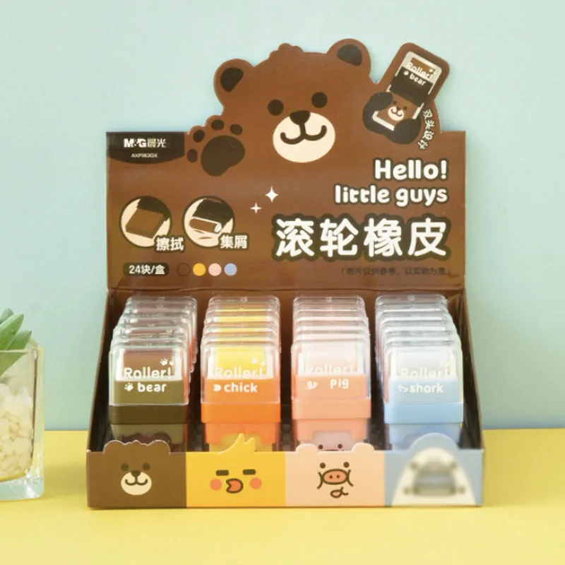 

24 pcs/lot Cartoon Bear Pig Animal Roller Eraser Cute Writing Drawing Rubber Pencil Erasers Stationery Kids Gifts school suppies