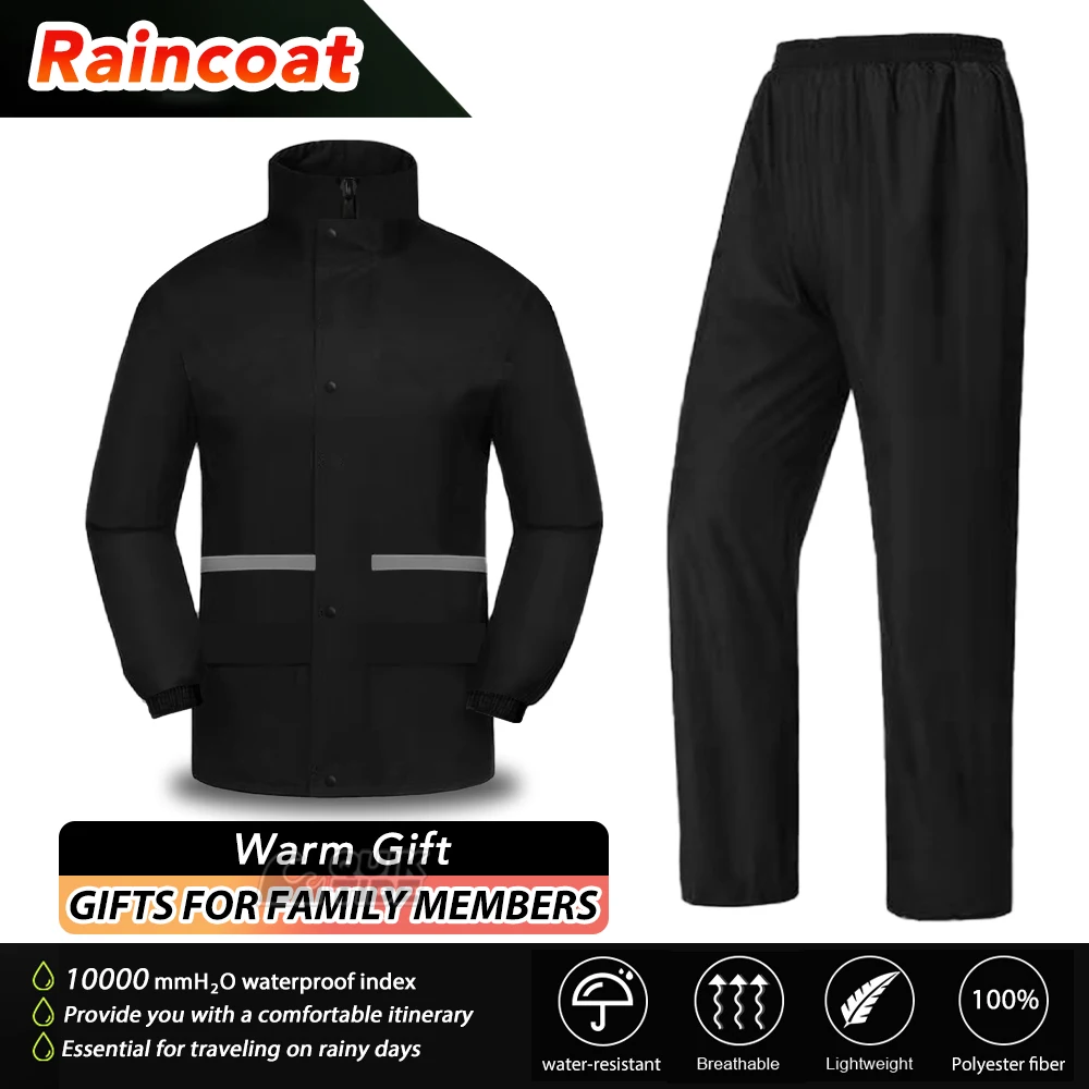 Adult Black Waterproof Raincoat And Pants Set, Suitable For Outdoor Wear,Hiking,Cycling,Fishing And Othe Outdoor Activities