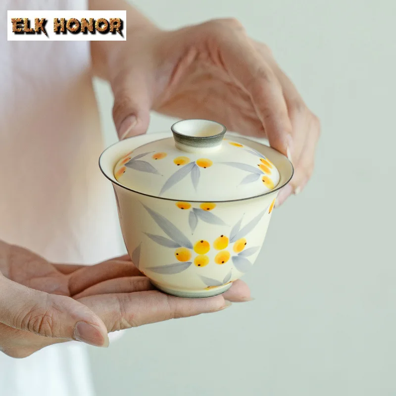 125ml Hand-painted Loquat Cover Bowl Zen Ercai Tea Tureen Boutique Ceramic Gaiwan Vintage Tea Brewing Cafes Gift Teaware Crafts