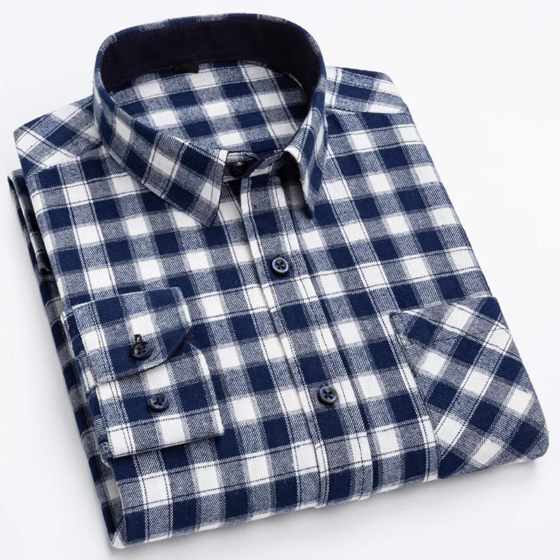 2023 New 100% Cotton Sanding Fabric  Men Casual Plaid Flannel Shirt Long-Sleeved Vintage Shirt Men\'s with Pocket