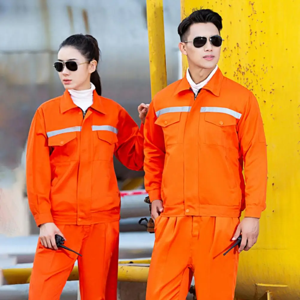 

2 Pcs/Set Unisex Workwear Suit Wear-resistant Reflective Stripe Safety Worker Pockets Coat Pants Set Mechcanic Auto Repairmen Du