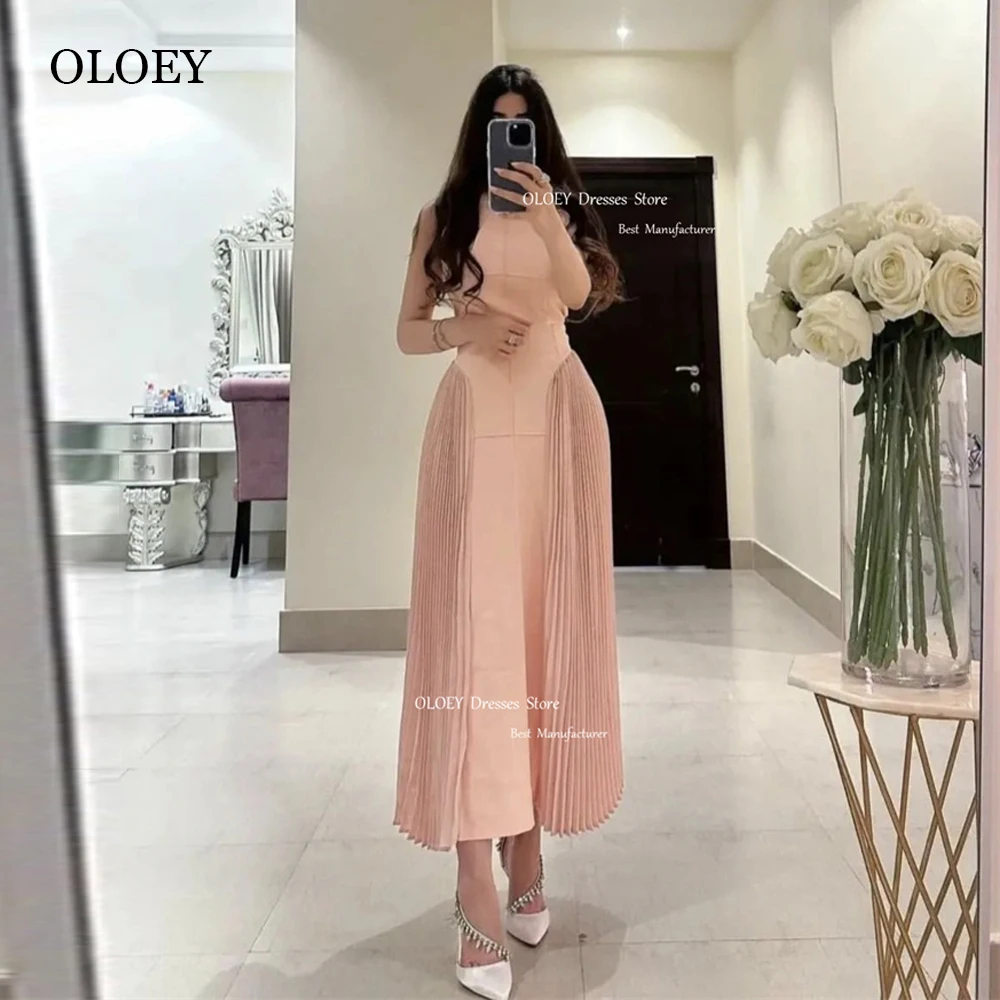 

OLOEY Blush Pink A Line Party Dresses Saudi Arabic Women O-Neck Draped Ankle Length Evening Gowns Formal Event Dress