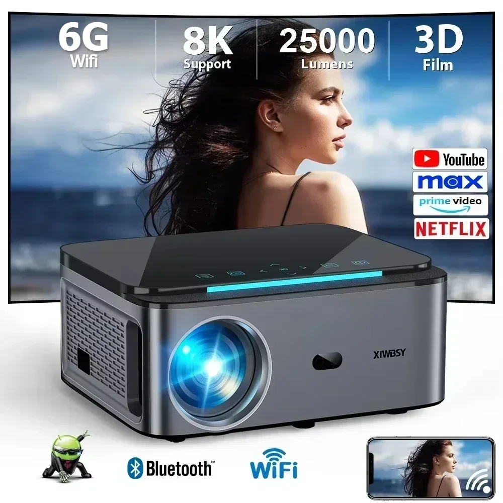 XIWBSY 8K Android Projector 25000Lumens Wifi6 Full HD 1080P