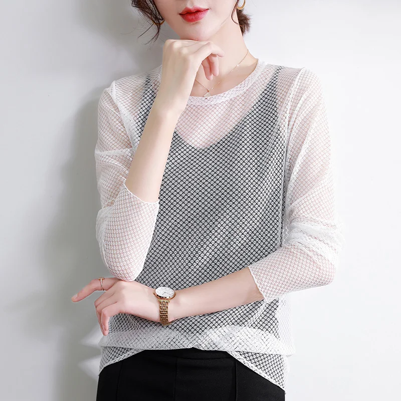 

Women's Mesh Tee Tops 2022 Summer & Spring Transparent T-Shirts Sexy Ladies Hollow See Through Mesh Clothing Long Sleeved