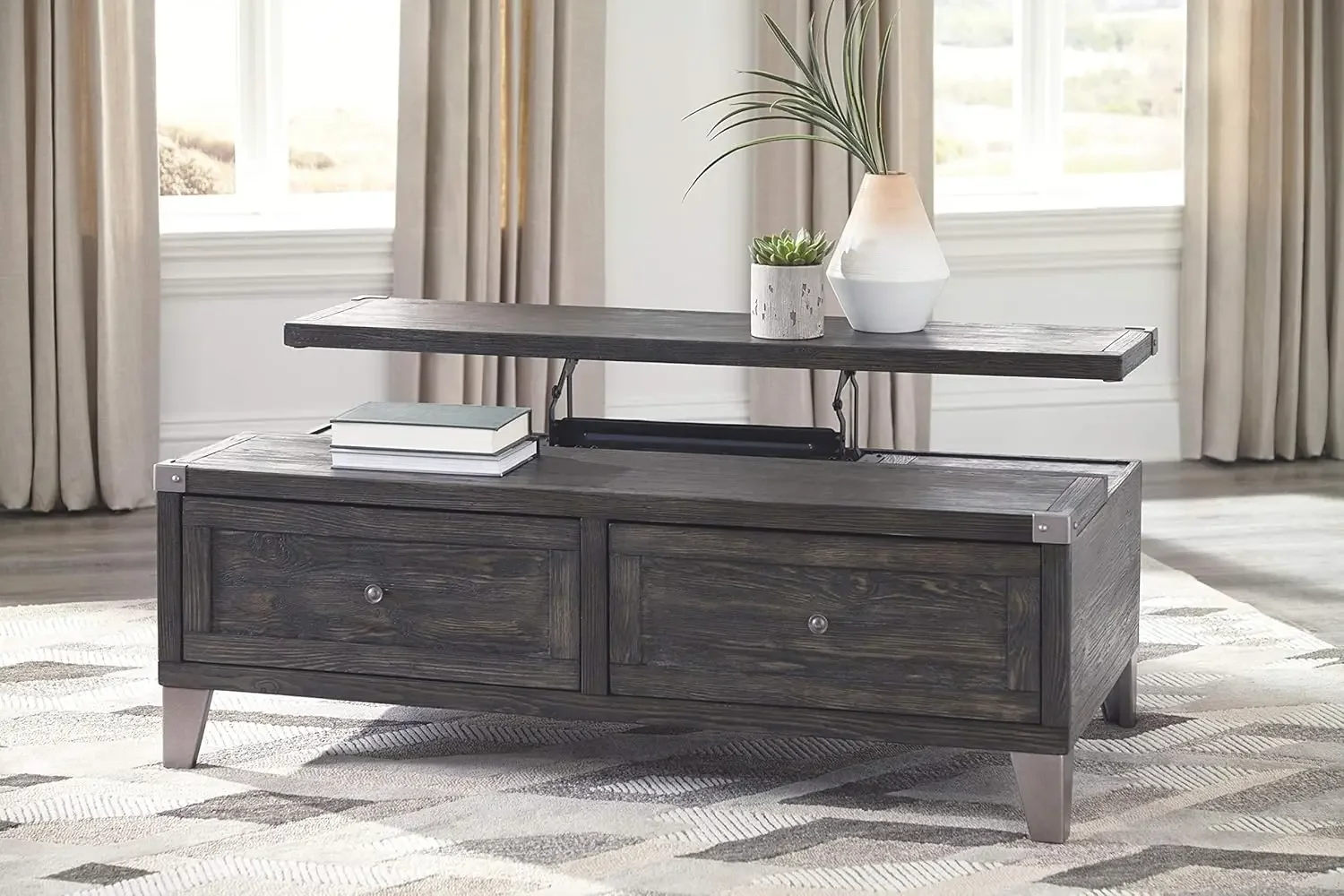 Todoe Industrial Rectangular Lift Top Coffee Table with 2 Storage Drawers, Dark Gray with Weathered Pine Finish 4