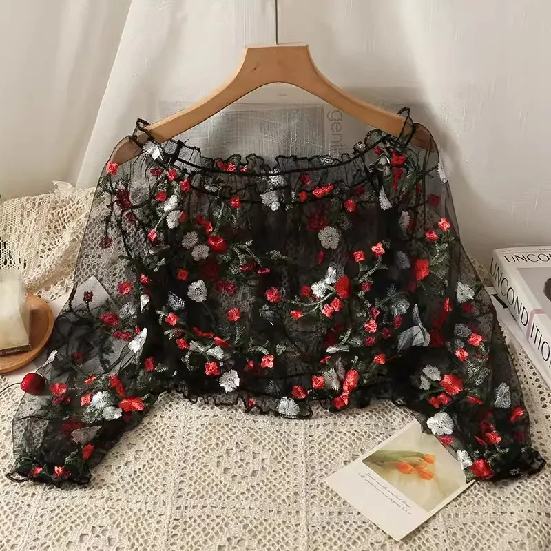 

Sweet Floral Embroidery Mesh Blouse 2024 Summer Women Slim Slash Neck Lace Shirt Ladies Bottom Perspective Blouses Short Tops