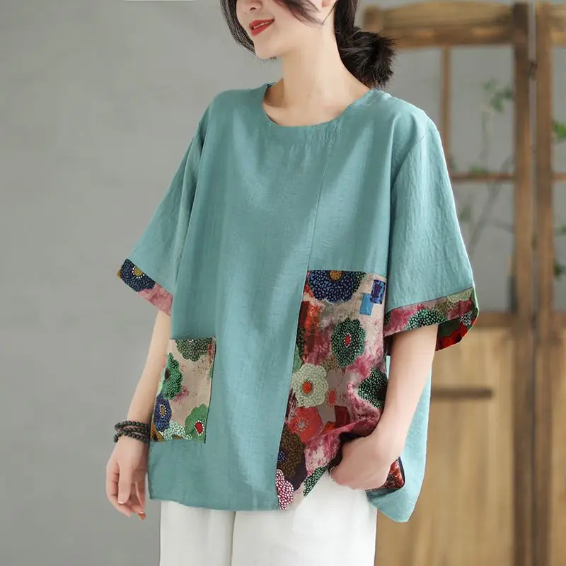 Women Retro Ethnic Style Print Patchwork Cotton Linen Shirts Summer Short Sleeve Oversized Blouse Casual O Neck Tops Blusas Ropa