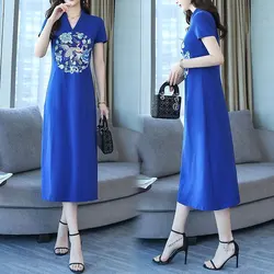 Vintage Embroidered V - Neck Midi Dress - Summer Elegance with A - Line Casual Short Sleeves - XXXL (Blue)