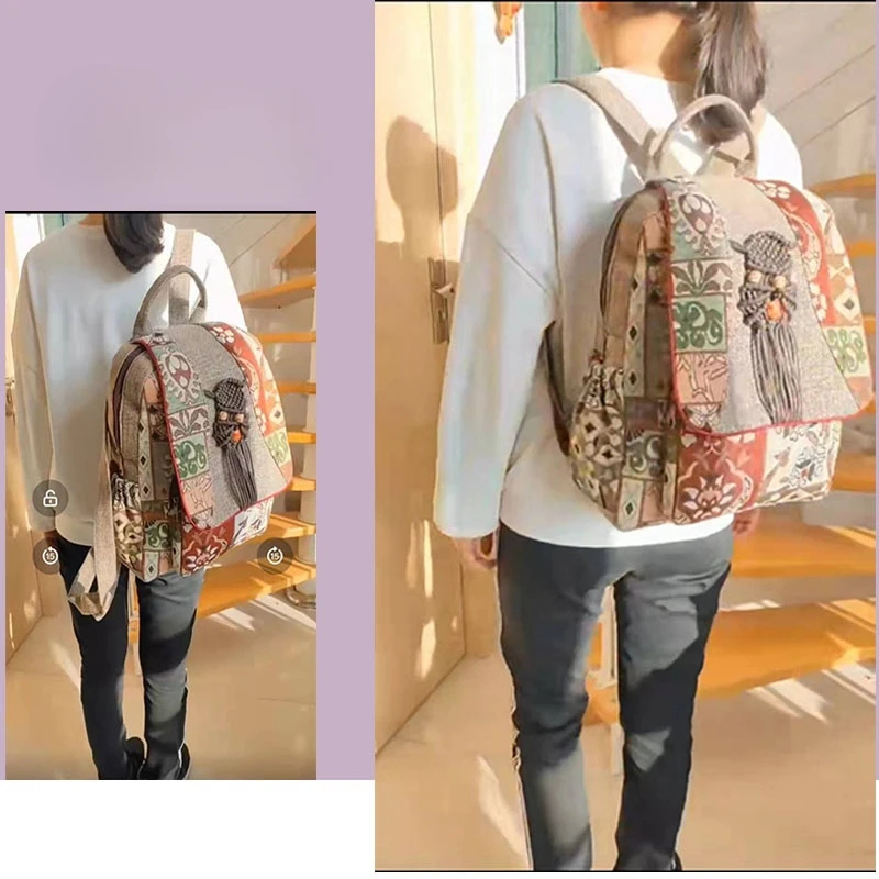 National Original Ethnic Style Printed Cotton Linen Backpack For Women Handmade Woven Leisure Tourism Retro Girl's Backpacks 6