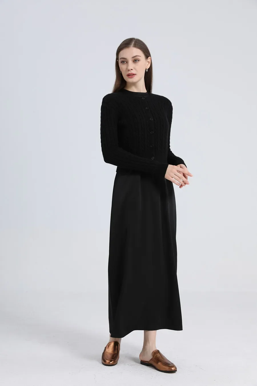 

AS woman clothes maxi satin dress / knitted rib dress + knitted Twist cable cardigan Autumn Winter collection lady wear