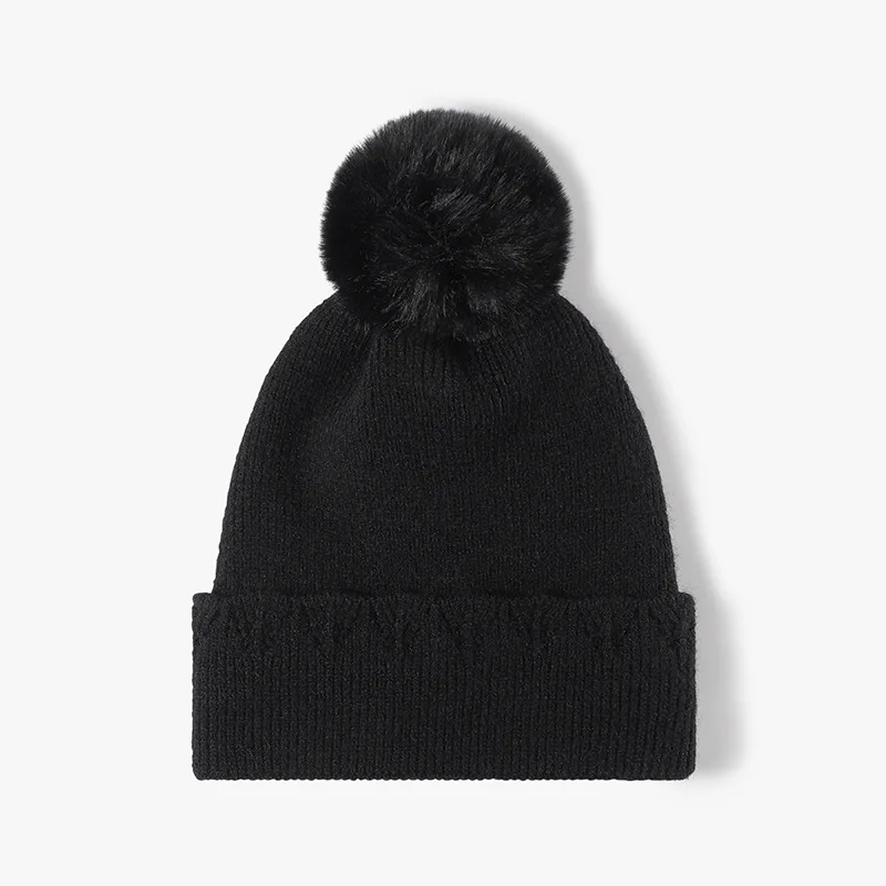 New Custom Logo Faux Fur Pom Poms Knitted Hats Outdoor for Women Winter Warm Thick Beanie Hat Personality Windproof Skullies Cap 6