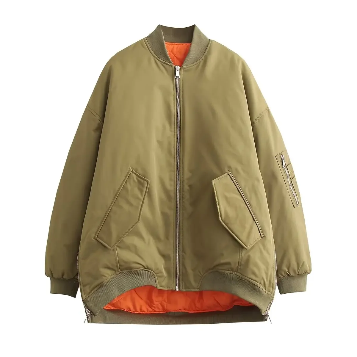 Olive green Oversize Jacket Women Chic Lady High Street Bomber Jacket Orange lining Coat Top Female 2023 NEW tooling pants baggy tie dye chic trendy high street streetwear oversize ankle tied japan style plus size s 3xl retro cool ins