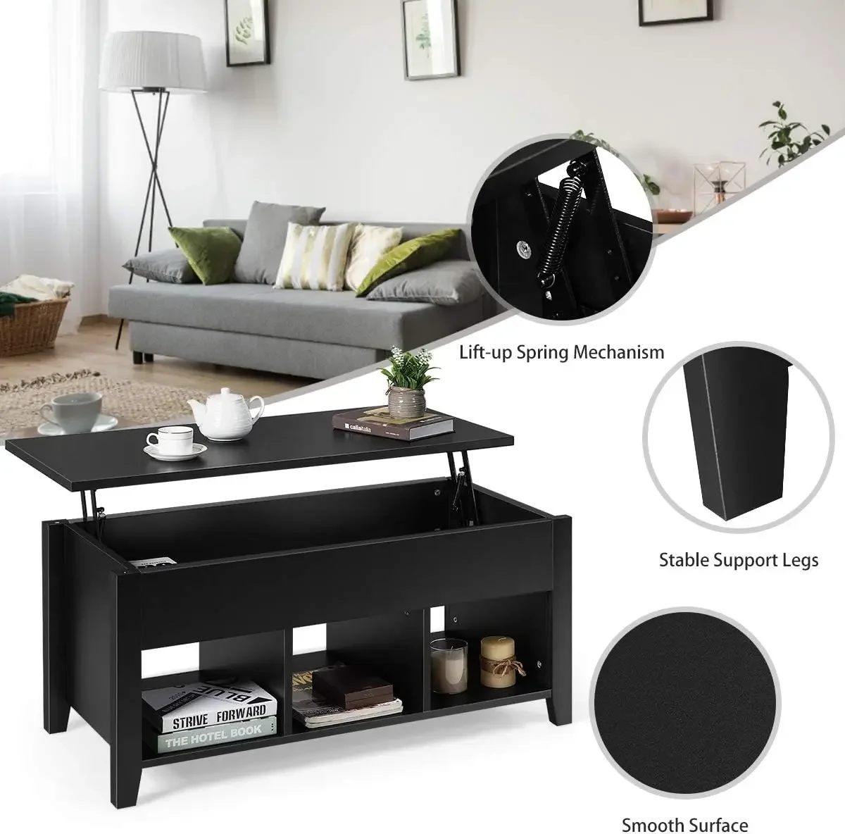 Lift Top Coffee Table, Wood Home Living Room Modern Lift Top Storage Coffee Table w/Hidden Compartment Lift Tabletop Furniture 6