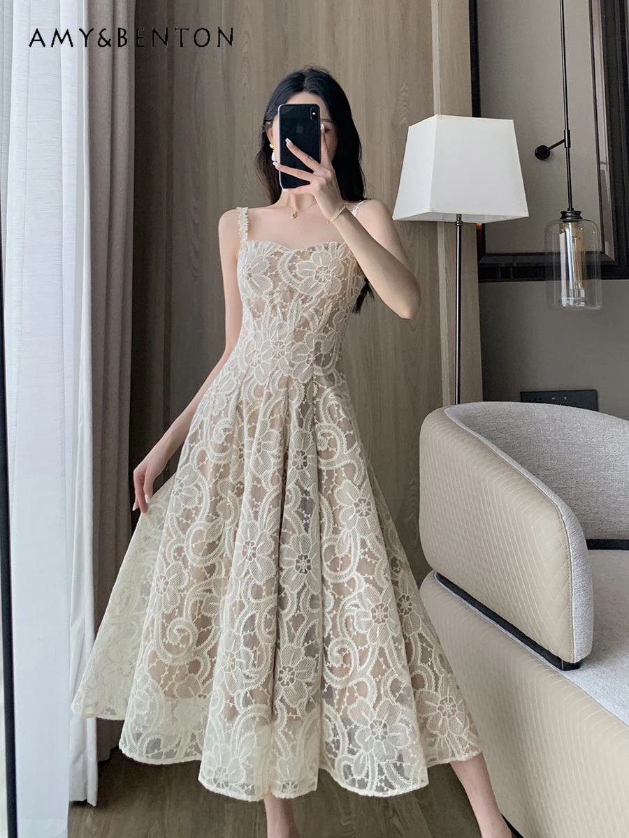 

High-Grade Lace Printed Strap Dress for Women Summer New French Elegant Slim Mid-Length Dresses Graceful Retro Fashion Dress