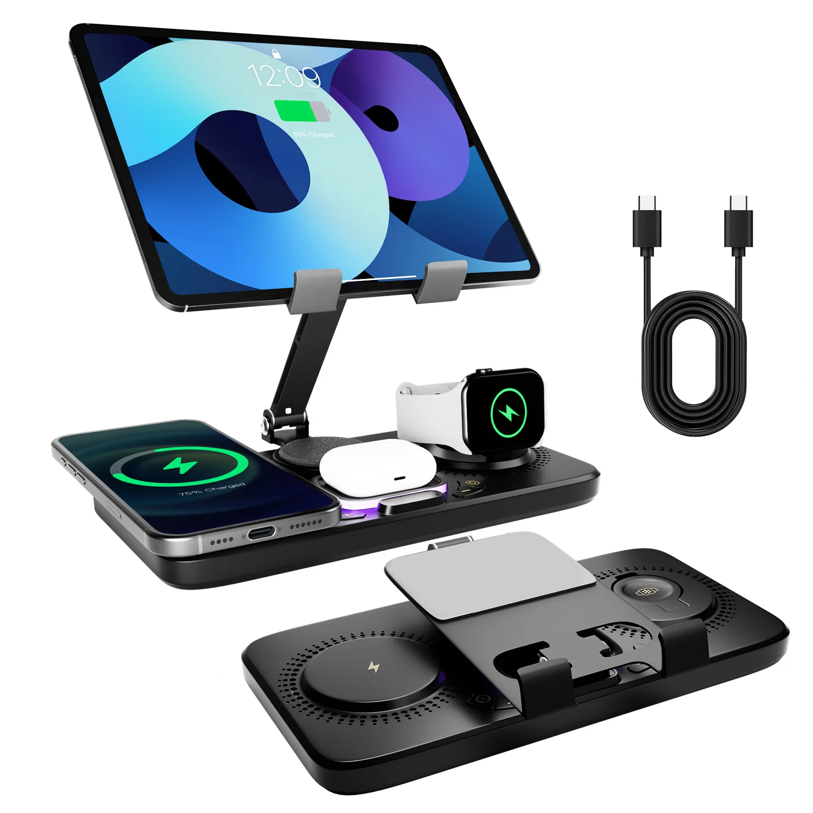 7 in 1 Wireless Charger Station Multiple Devices For iPhone iPad AirPods and Apple Watch-iPhone Fast Charge Night Lamp Clock