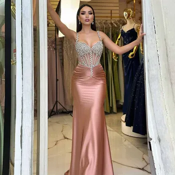 Luxurious Women's Evening Dresses Satin Mermaid/Trumpet Celebrity Dress Rose Pink Sweetheart Rhinestones/Crystals Prom Dress 1