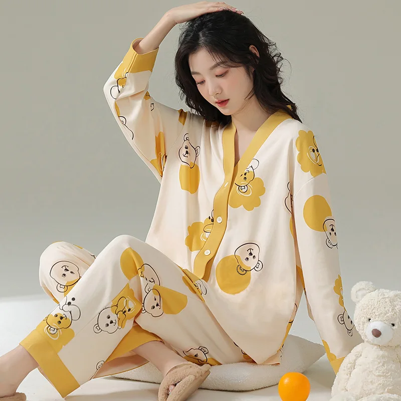 새로운 가을, 겨울 긴팔 긴 바지 잠옷 복장 여성 봄, 가을 홈웨어 정장 달콤하고 사랑스러운