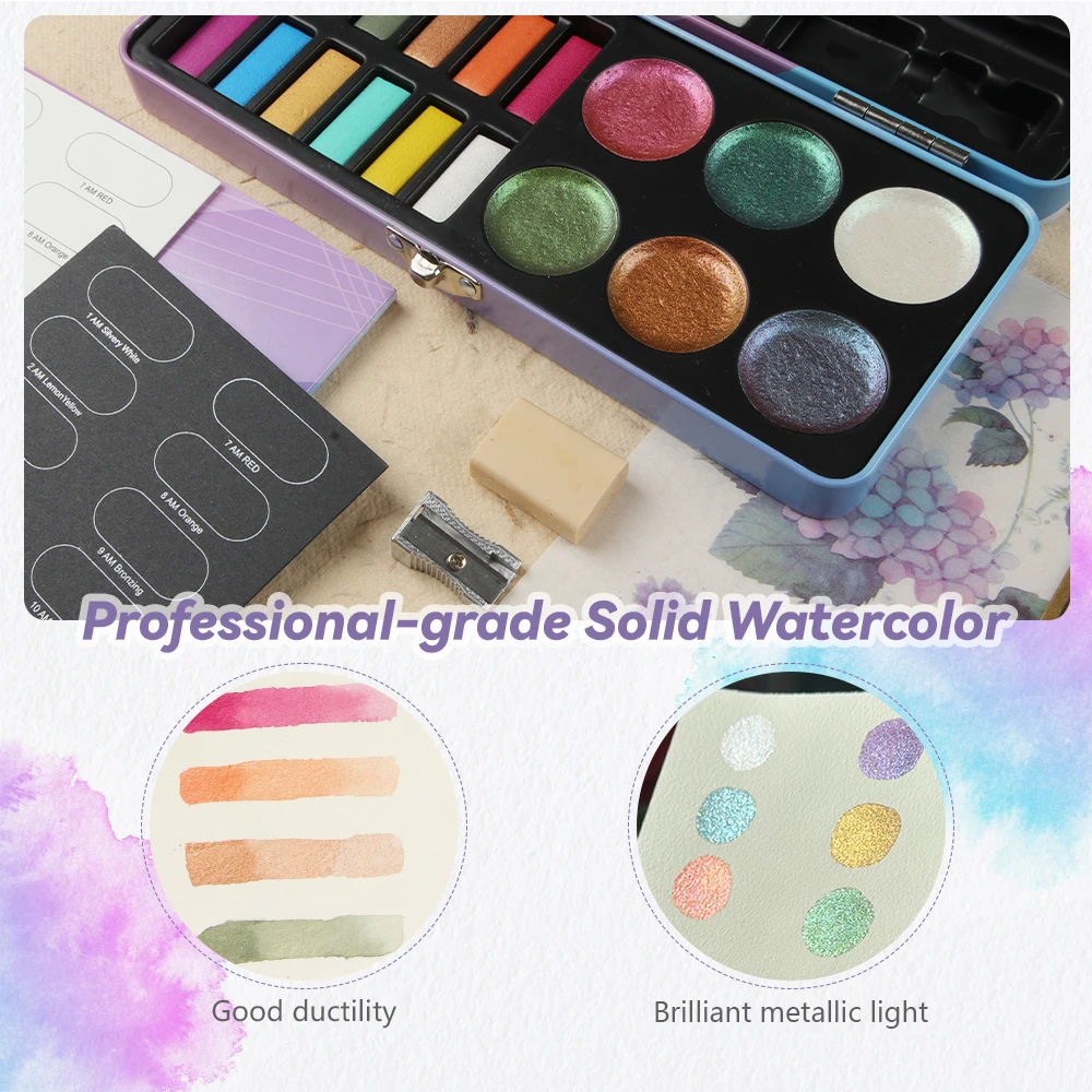 SeamiArt 12가지 메탈릭 색상 및 6가지 카멜레온 수채화 세트(2개 포함). 그림 그리기 용품용 페인트 브러시